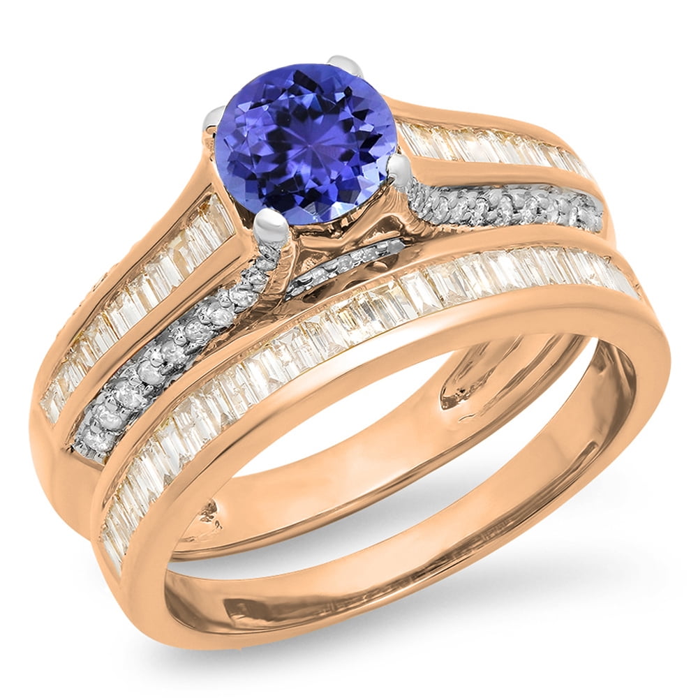 1.25 Carat (ctw) 18K Rose Gold Round & Baguette Cut Tanzanite & White Diamond Ladies Vintage Bridal Engagement Ring Set by DazzlingRock