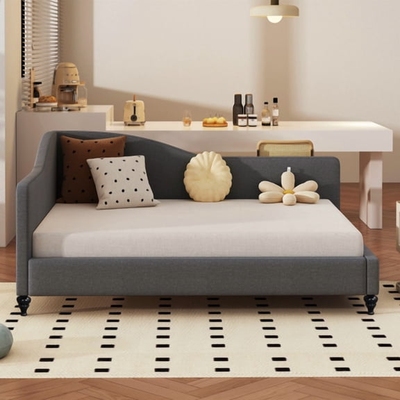 Full Size L-Shaped Semi-Enclosed Daybed with Solid Wood Legs, Modern Linen Sofa Bed for Living Room Den Guest Room, Gray