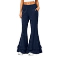 thumbnail image 2 of Flare Pants for Women Wide Leg Elastic Waist Loose Casual Pants Layered Ruffled Hem Pants with Pockets, M, 2 of 5