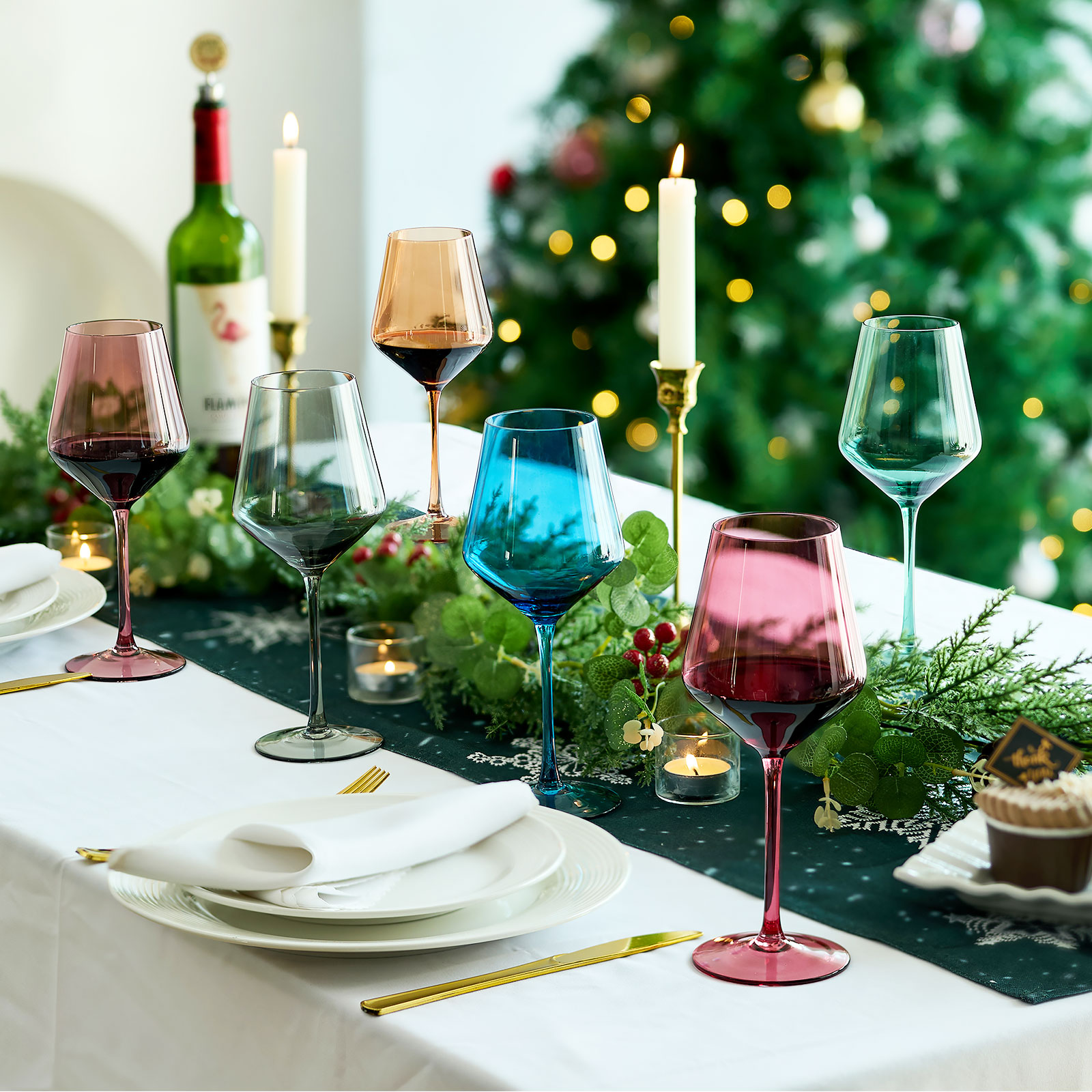 Nuptio Stemmed Colored Wine Glasses Set of 6 13.5oz : Brown Wine Glasses with Long Stem for Christmas Dinner Birthday Party Wedding Home Bar Wine Lover Gifts
