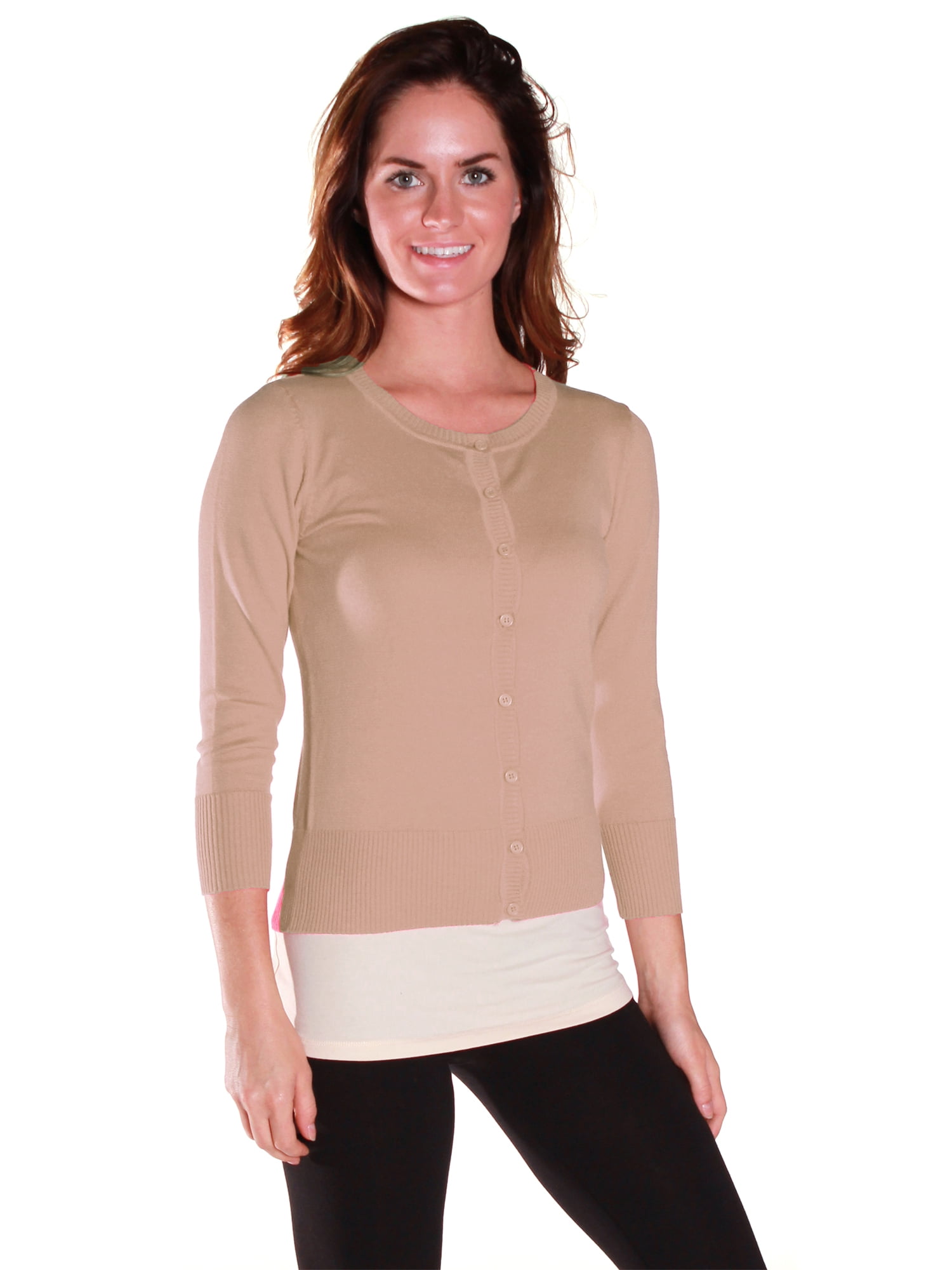 Active USA Junior Women's Knit Basic Round Neck Cardigan Sweater