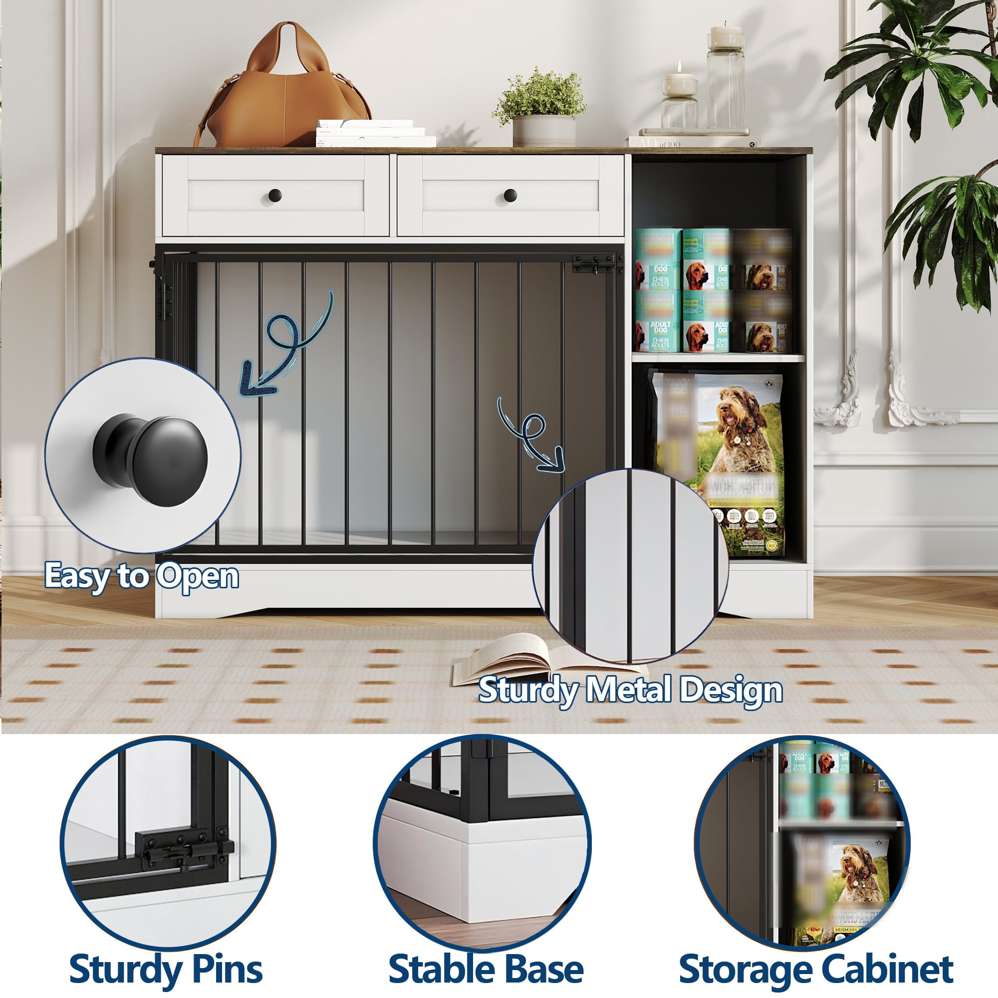 47" Farmhouse Dog Crate Furniture, Modern TV Stand with Double Doors Indoor Kennel & Buffet Cabinet with 2 Drawers, Storage Side Table for Small Medium Dogs