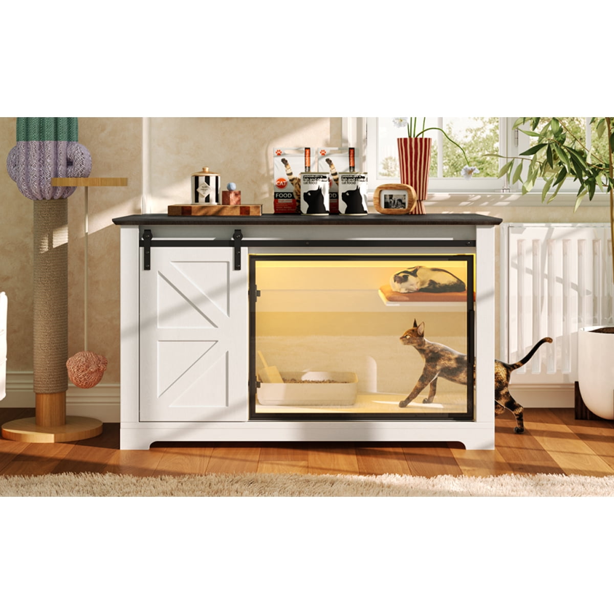 46 Farmhouse Cat Litter Box Enclosure with Sliding Barn Door Hidden Cat Cabinet with LED Light & Storage Cat Washroom Nightstand White
