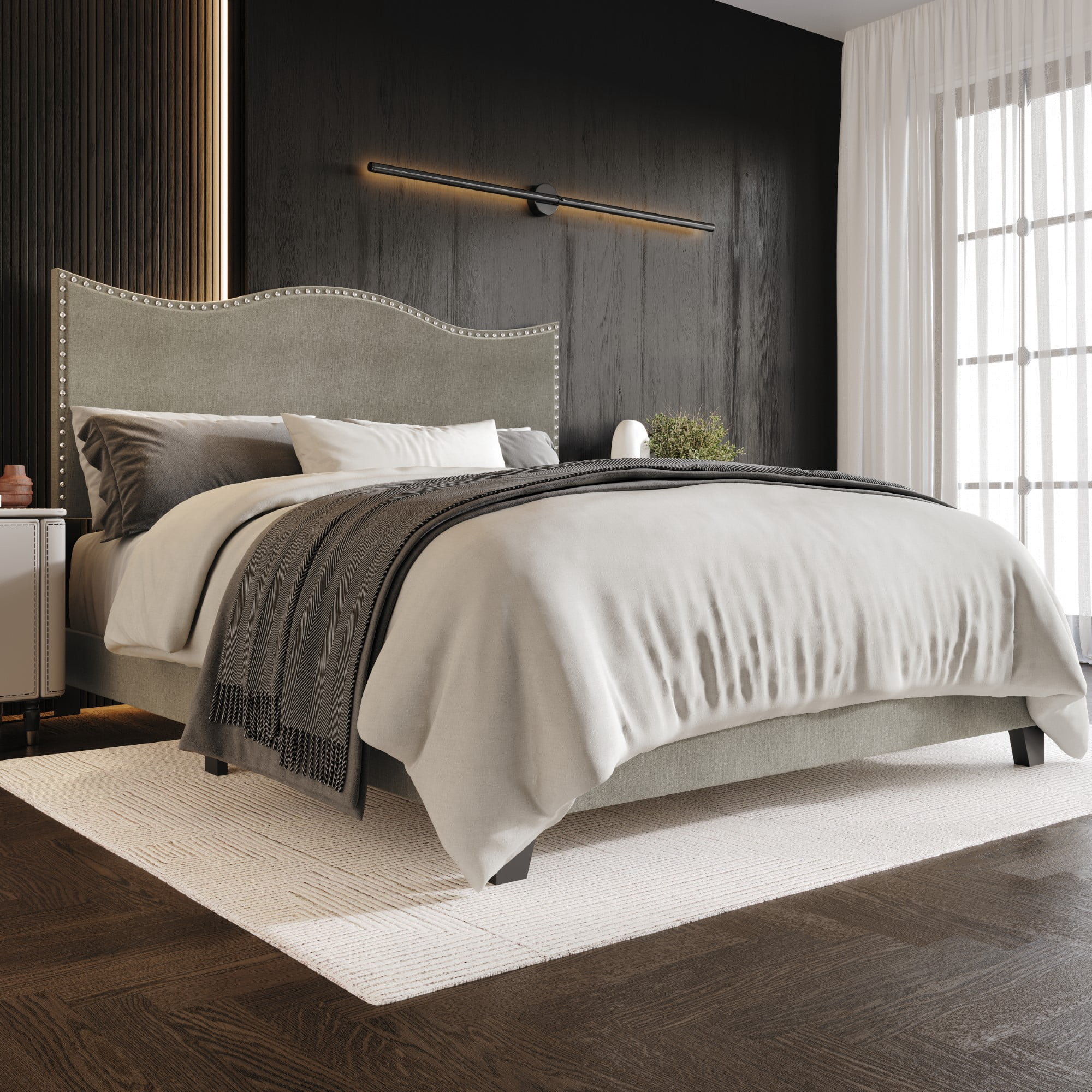 Home Design Anderson Twin Upholstered Panel Bed with Tufted Wingback Headboard and Foam Cushioning, Gray, Easy Assembly
