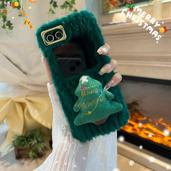 Allytechgroup Plush Case for Samsung Galaxy Z Flip5, Fluffy Warm Smooth Faux Fur Case with Cute Stylish Christmas Doll, Lightweight Soft TPU Shock-Absorbent Non-Slip Drop Protection Phone Case - Green