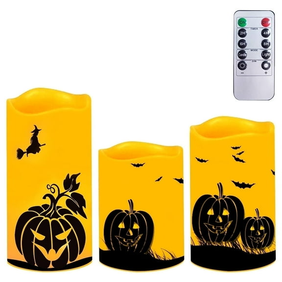 Halloween Flameless Candles Flickering Remote Timer Battery Operated 3 Pumpkin Halloween Decoration