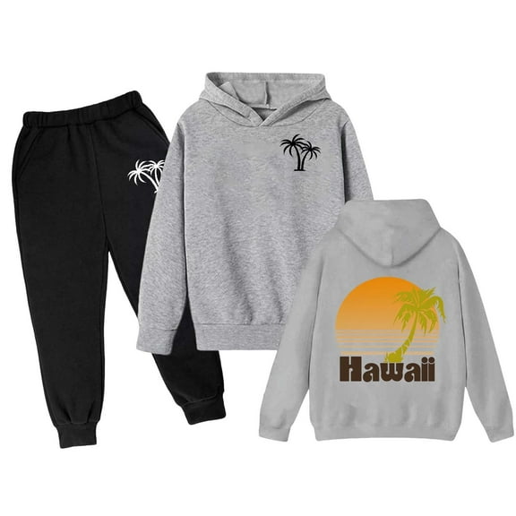 Girl Outfits Girls Sweatsuit Coconut Print Tracksuit Long Sleeve Hoodie Pant Set Girl Clothes Dark Gray 9 Years-10 Years