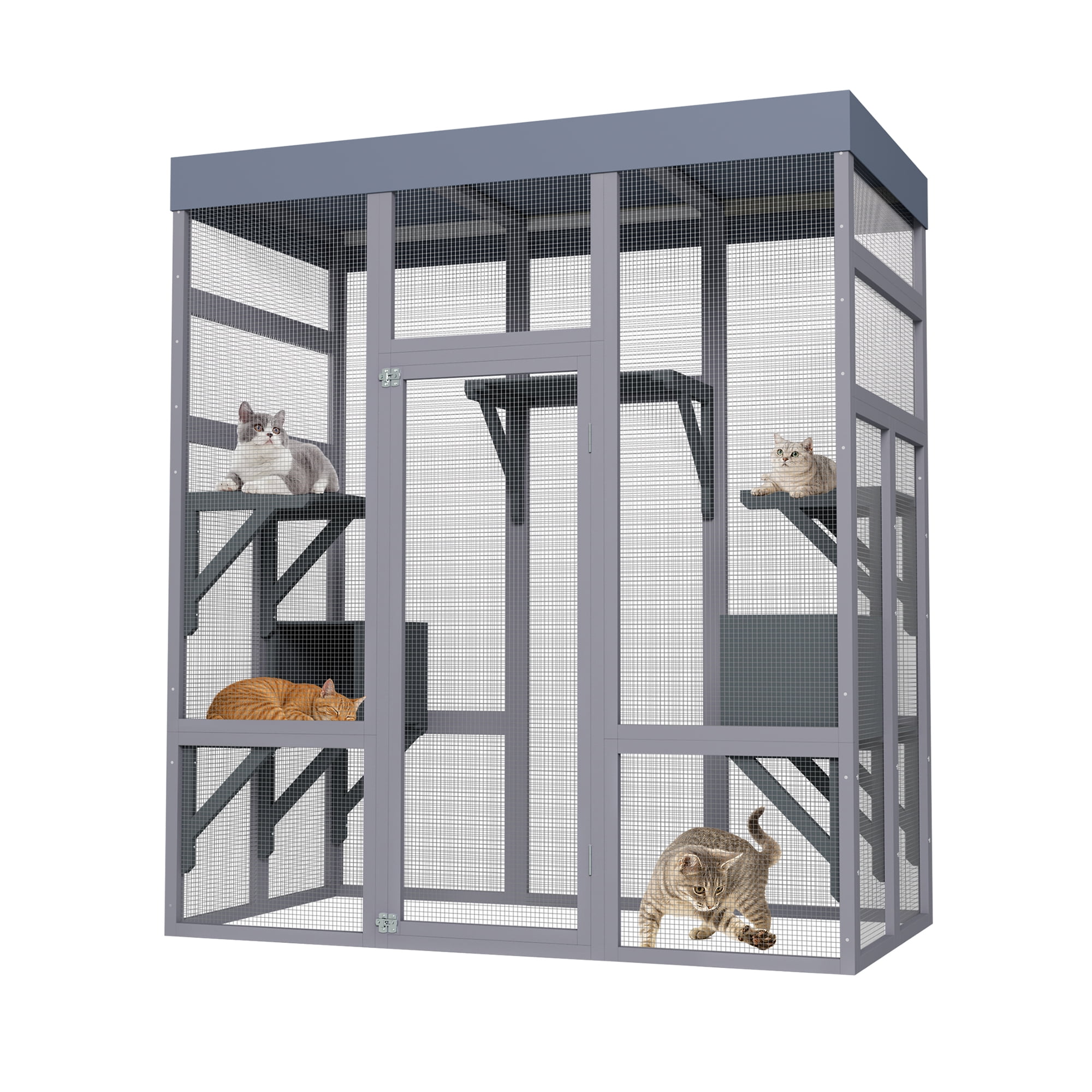 62.6" Wooden Catio, Large Cat Enclosure with Waterproof Cover, 2 Napping Houses, Multi-Platforms & Galvanized Metal Wire – Secure Outdoor Pet Cage Shelter