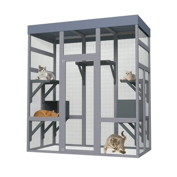 62.6" Outdoor Catio for Cats, Large Wooden Cat Enclosure with Waterproof Roof, 2 Napping Houses, Platforms & Rust-Proof Wire, Secure Pet Cage for Backyard