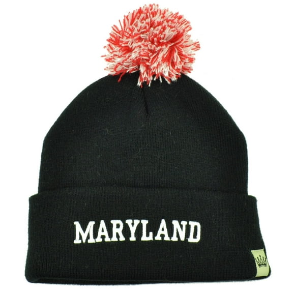 Maryland Old Line State Cuffed Pom Pom Beanie Knit Hat Black Polly Acrylic USA