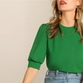 thumbnail image 6 of RYRJJ Womens Puff Half Sleeve Tops Dressy Casual Loose Fit Shirts Trendy Summer Crewneck Keyhole Back Tunic Blouse Office Work T-Shirt(Green,S), 6 of 9