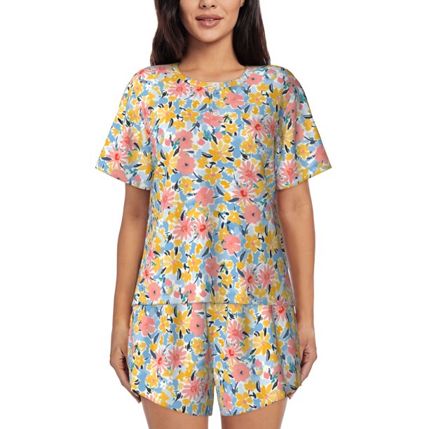 Fotbe Watercolor Wildflowers Conjunto de Pijama Estampado para Mujer, 2 Piezas, Ropa de Dormir con Camiseta de Manga Corta y Shorts Suaves-Small
