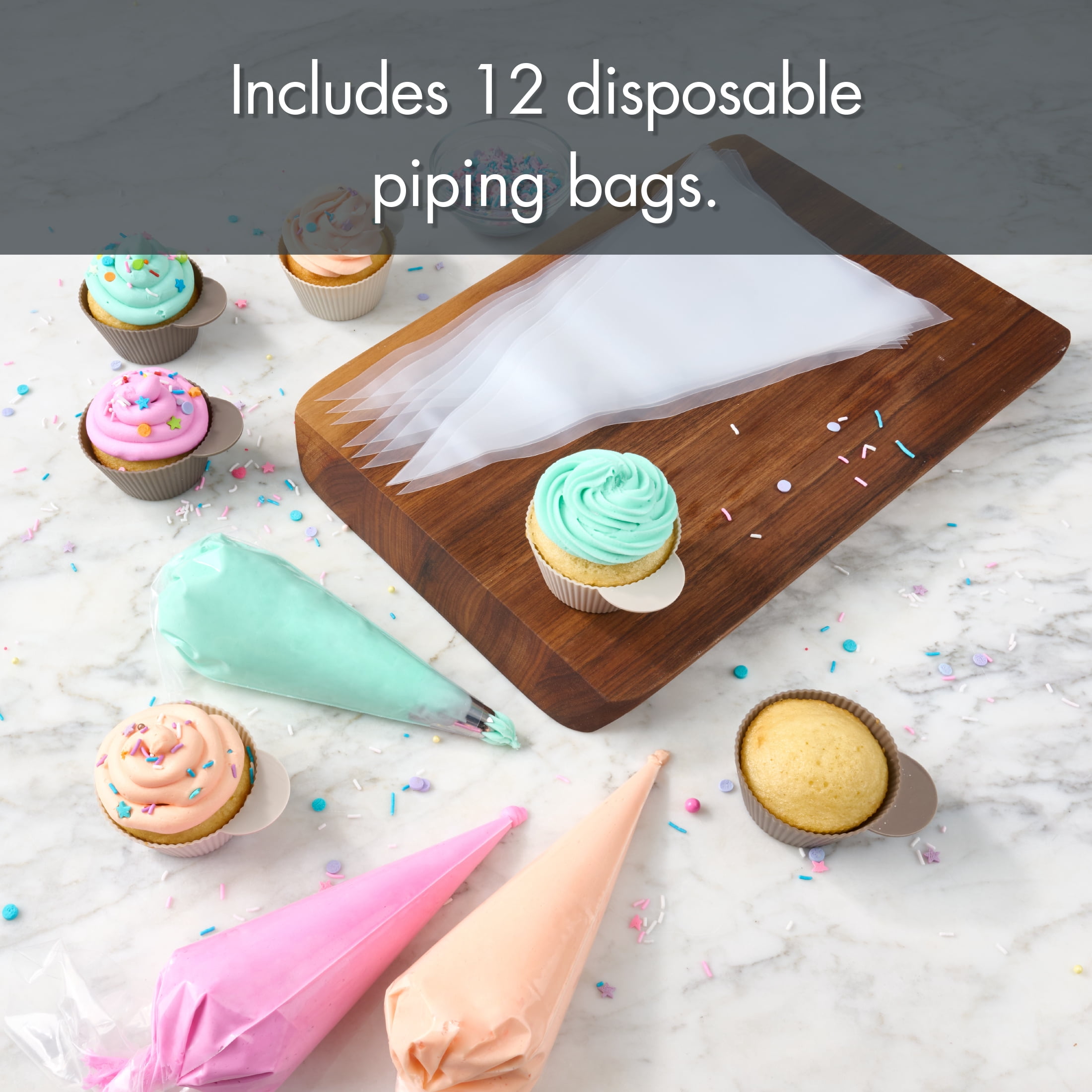 Mainstays 12-Piece Clear Disposable Decorating Bags Set, Piping Bags for Cake Decorating, Cookie Icing, Frosting & Dessert Decorating