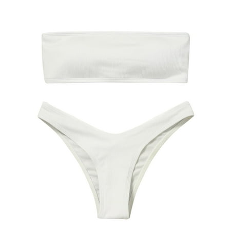 Gubotare Womens Swimsuits Bikini Sets Women s Two Piece Bandeau Swimsuit Ribbed Strapless Tube Bikini Top with Mid Waist Cheeky Bottom Bathing Suit (White S)