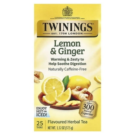Twinings, Flavored Herbal Tea, Lemon & Ginger, Caffeine Free, 25 Tea Bags, 1.32 oz Pack of 2