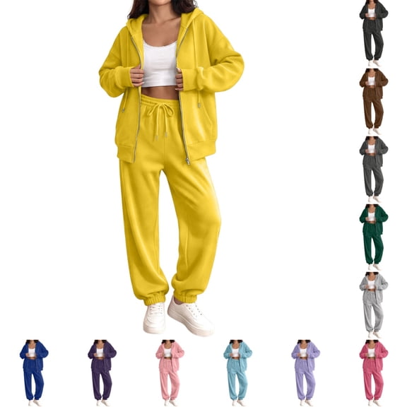 Womens Tracksuit Fashion Full Zip Up Sweatsuits Set Fall Winter Casual Hoodie and Jogger 2 Piece Set Yellow 3XL