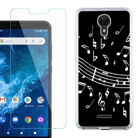 Slim-Fit Protective Phone Case compatible with Cricket Icon 2 with Tempered Glass Screen Protector by OneToughShield ® - Music Notes / Black