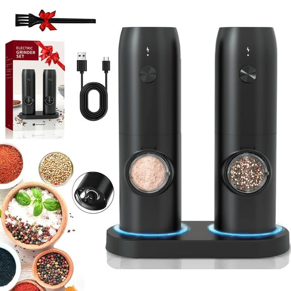 NEENCA 2 Pack Electric Salt and Pepper Grinder Set, Rechargeable - No Battery Needed - Automatic Salt Pepper Mill Grinder, Adjustable Coarseness, LED Light, One-Hand Operation for Kitchen BBQ