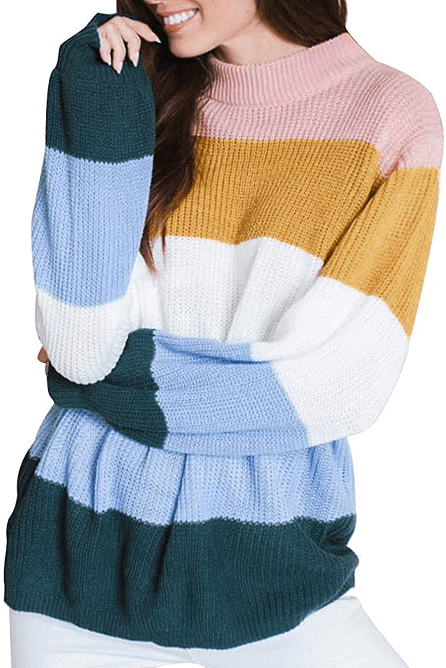 PMUYBHF Female Crewneck Sweater Women Womens Fashion Long Sleeve Striped  Color Block Knitted Sweater Crew Neck Loose Pullover Jumper Tops L 