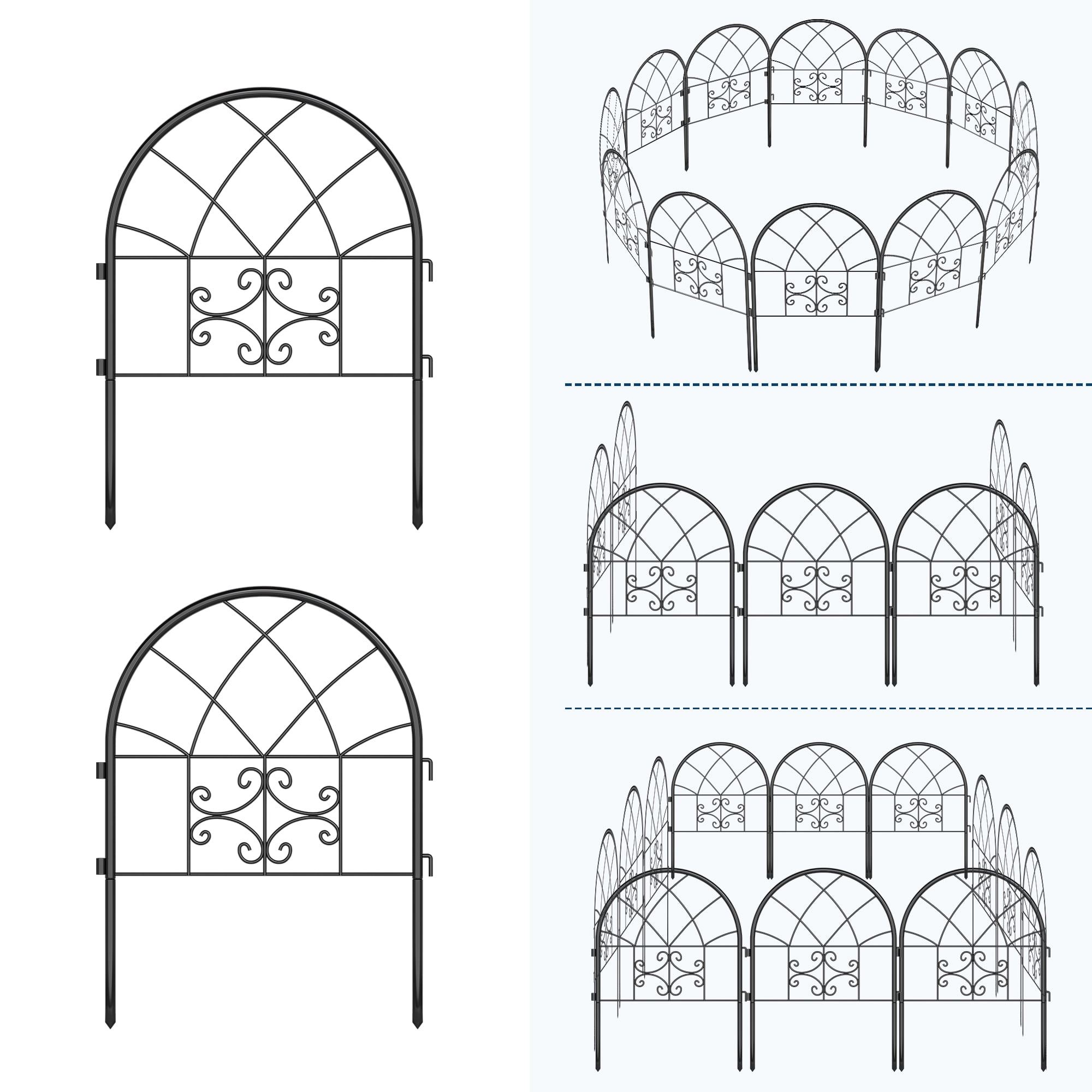 No-Dig Metal Garden Fence 8-Pack - Rustproof Panels & Gate for Outdoor Lawn, Black