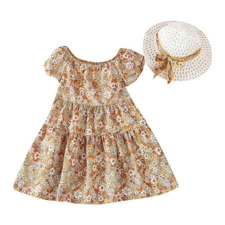 

Zlekejiko Toddler Summer Girls Sweet Dresses Floral Print Dress Princess Dress With Hat Children Kids Clothing Kids Cat Dress Clothes for Girls 4-5 Years Old
