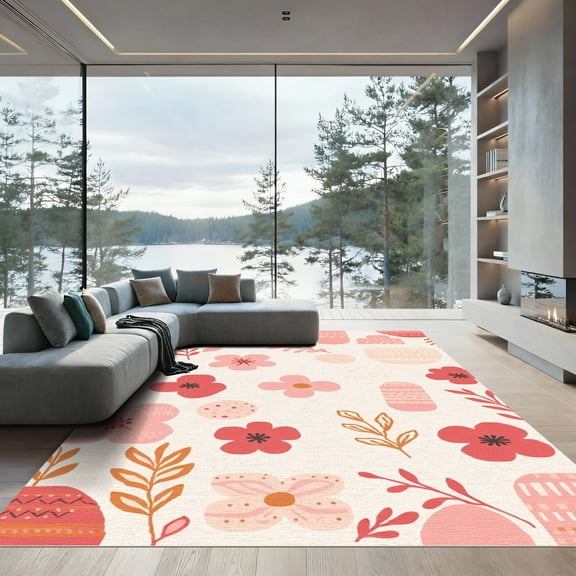 ODIKA 4'x6' Machine Washable Non-Slip Area Rug, Bohemian Pink High Traffic Rug, Pink, 1085897