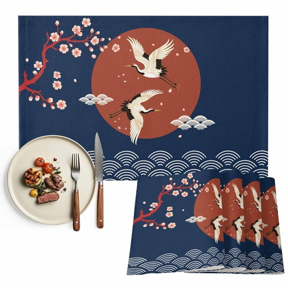 Placemats Set of 6, Cherry Blossom Crane Place Mats Japanese Blue Cloud Waves Tablemats Washable Placemat Table Decoration for Kitchen Table Dinner Party Home Decor Indoor Outdoor 13x19 Inch