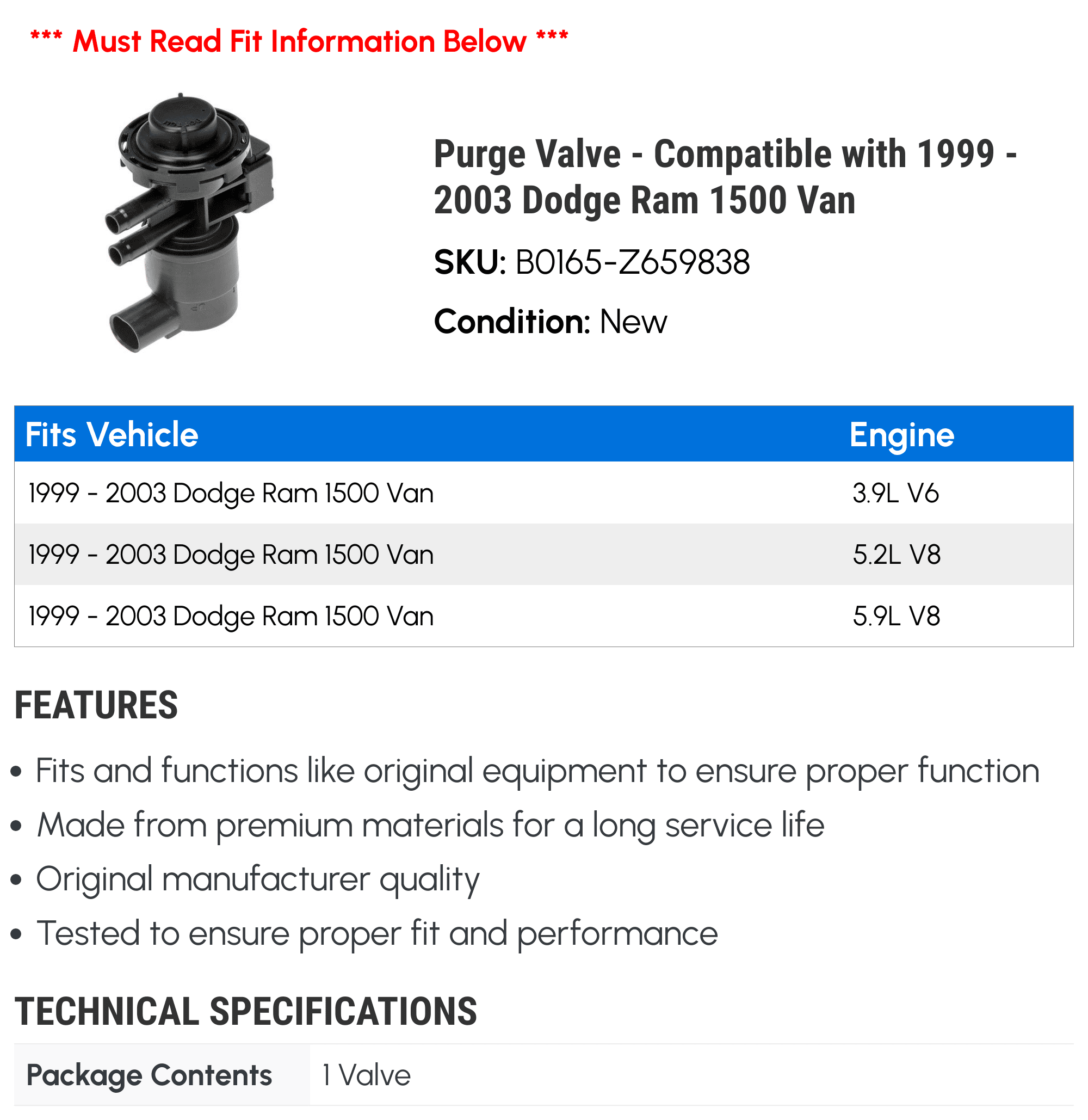 Purge Valve - Compatible with 1999 - 2003 Dodge Ram 1500 Van 2000 2001 2002