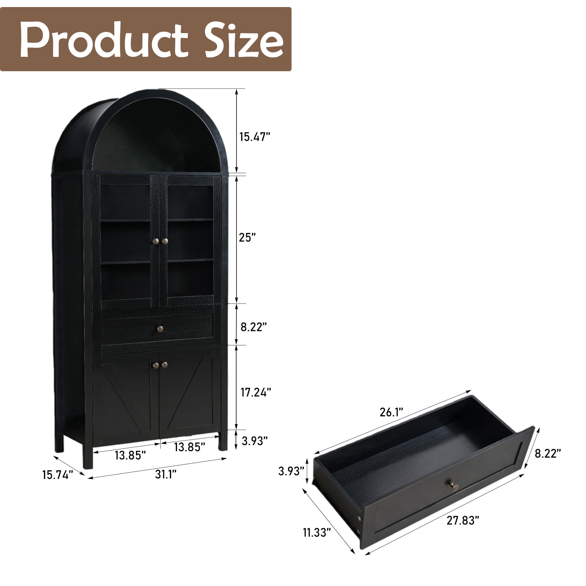 HIUU 70"Tall Black Cabinet with Doors,Arched Cabinets with Drawers with Antique Craftsmanship,Modern Storage Cabinets Made of High-quality Materials,Tall Cabinet for Living Room