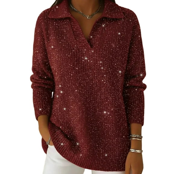 Christmas Party Collar Shiny Loose Sweater Top, V Neck Blouses, 2026 Sparkling Top for Women Red XL