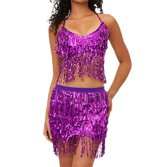 QHFBli Belly Dance Skirt with Crop Top Sequins Fringe Skirts Set Rave Dance Bra Top Party Costume Outfits for Women and Girls Purple A