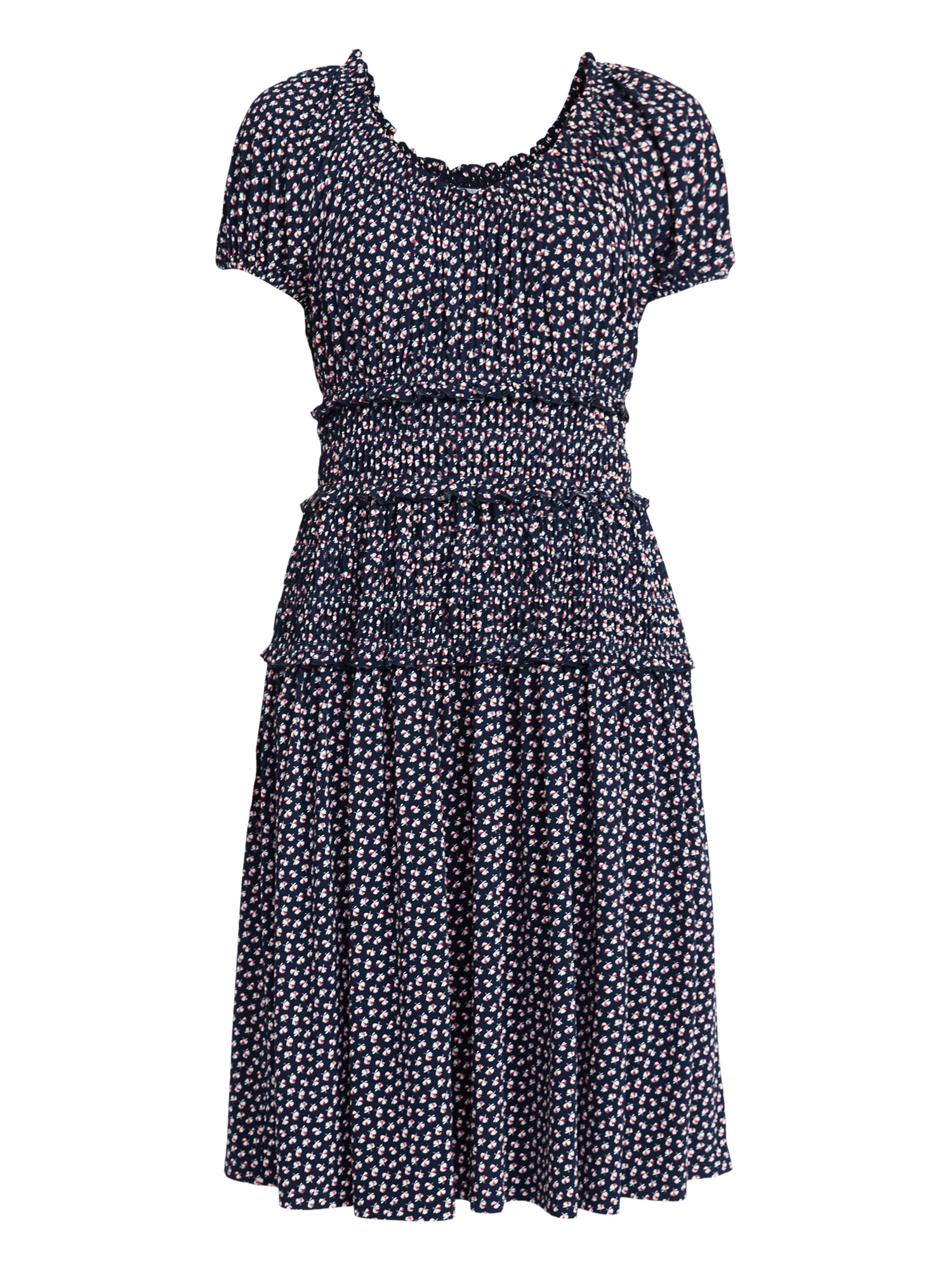 Time and Tru Women's Smocked Midi Dress with Short Puff Sleeves, Sizes XS-XXXL