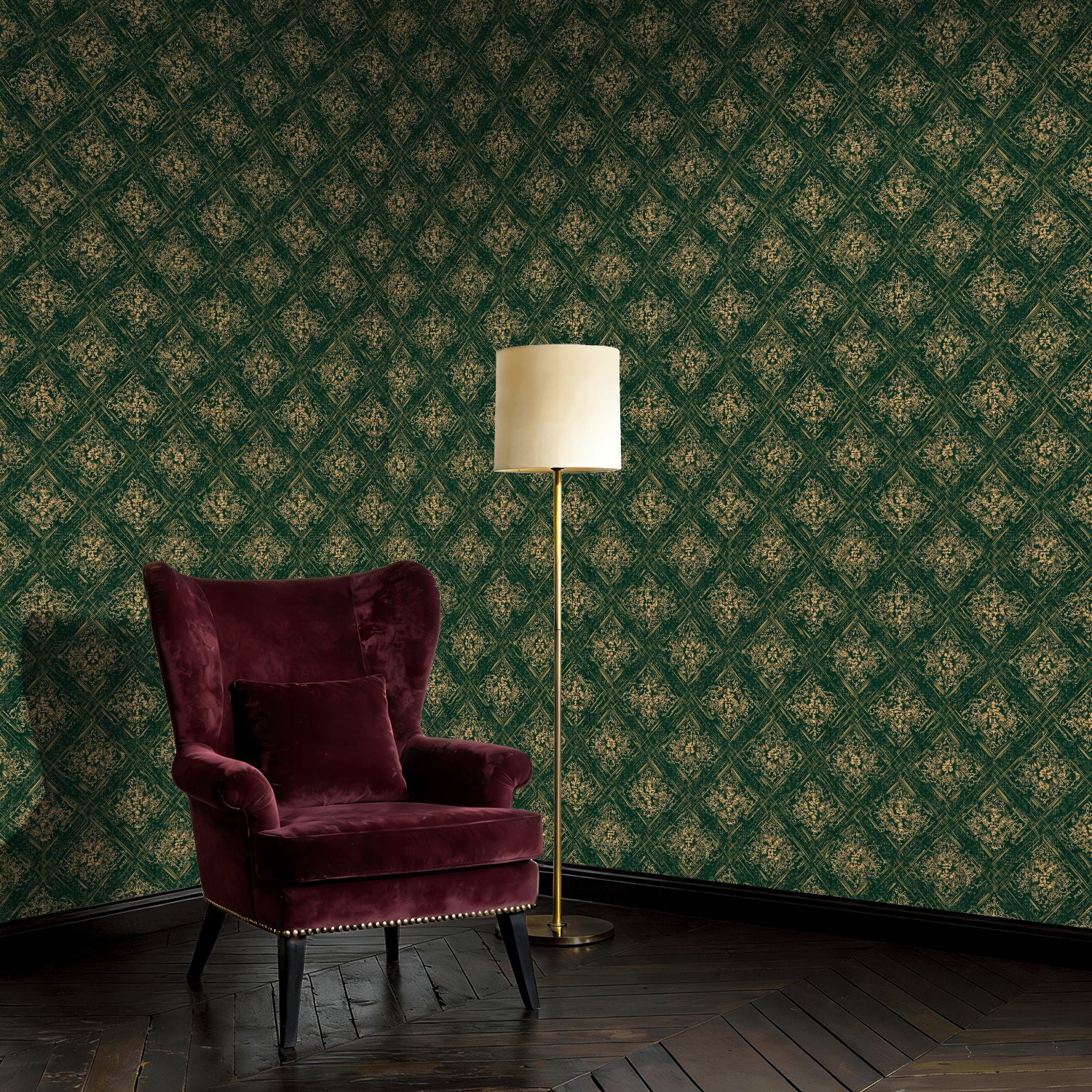 Peel and Stick Wallpaper Baroque Vintage Floral Damask Green Gold Accents Wall Mural 17.7in x 9.8ft Self Adhesive Removable Wall Paper Renter Friendly Wallpaper for Nursery Bedroom Cabinets