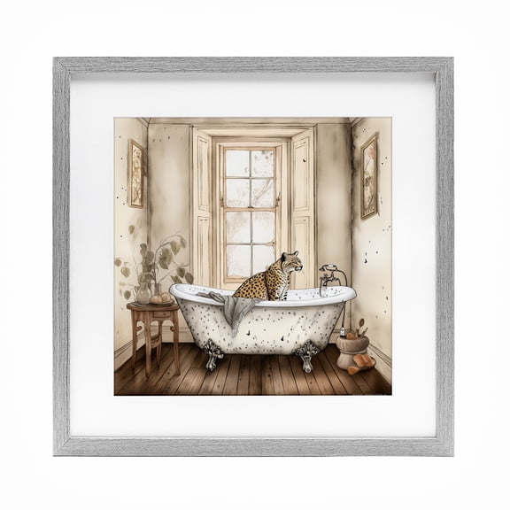 Neutral Leopard Bathtime Gray Framed Print Under Glass, design by Sasha