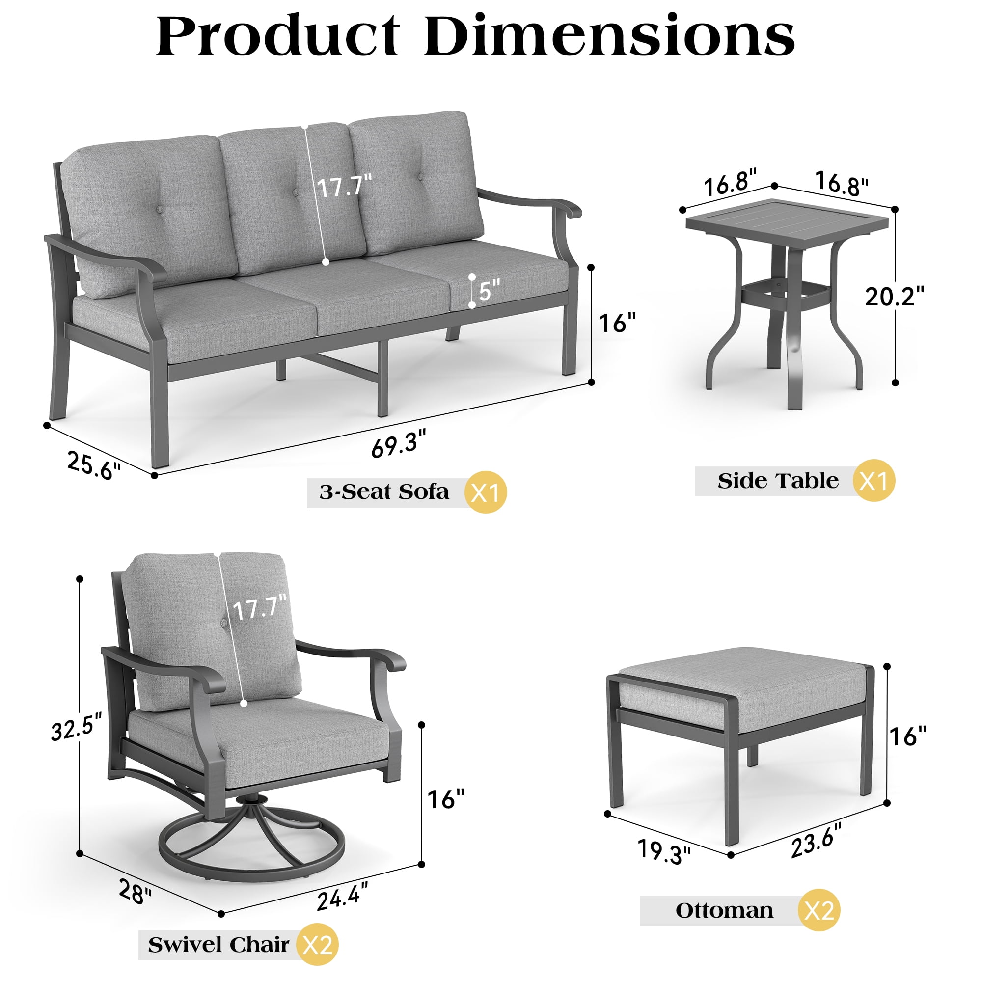 Mvpipi 6 Piece Aluminum Patio Conversation Set, Outdoor Metal Furniture Set w/Rocking Swivel Chairs, 3-Seat Sofa, Ottomans and Coffee Table, 5" Thickened Cushions for Backyard, Poolside, Gray