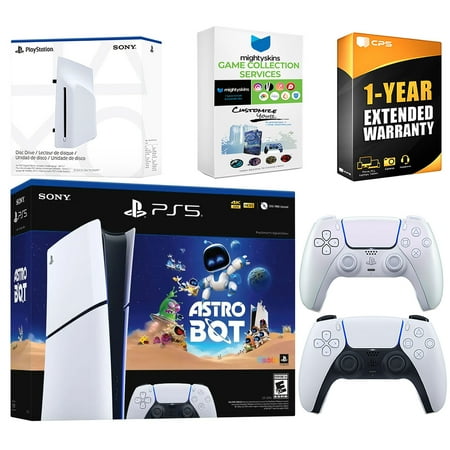 Sony PlayStation 5 Astro Bot Slim Digital Bundle with Disc Drive, Extra Controller, MightySkins Game Collection Services and 1 Year Extended Warranty - Chroma Pearl