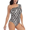 thumbnail image 3 of Salouo Black White Stripes Pattern One Shoulder Ruffled One Piece Swimsuit for Women V Neck Swimwear Tummy Control Bathing Suit-Small, 3 of 6