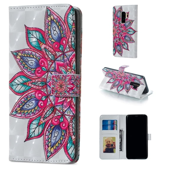 Galaxy S9 Case, Galaxy S9 2018 Case, Allytech 3D Emboss PU Leather Flip Protective Wallet Stand Cover & Credit Card Slots Pocket for Samsung Galaxy S9 (5.8") (Big Flower)