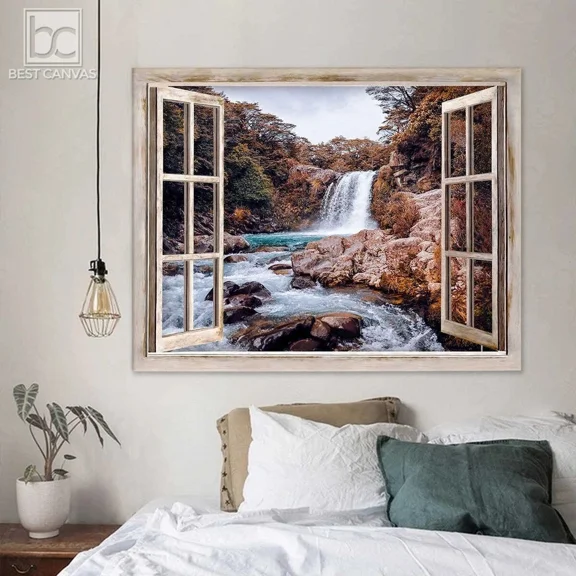 Poster Nature Beautiful Waterfall Scenery Through Rustic Window Wrap- UNFRAMED Poster Prints, Wall Art For Home Decor Or Office - Great Gift Idea For Friends & Family, 8x12