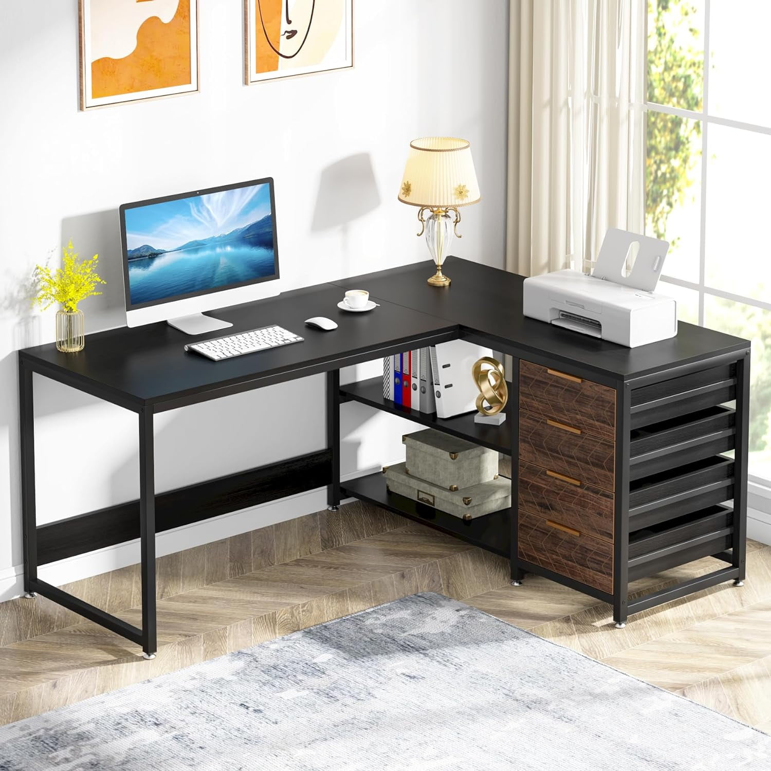 Tribesigns 59" L-Shaped Office Desk, Modern Reversible Computer Study Desk for Home Office, Black