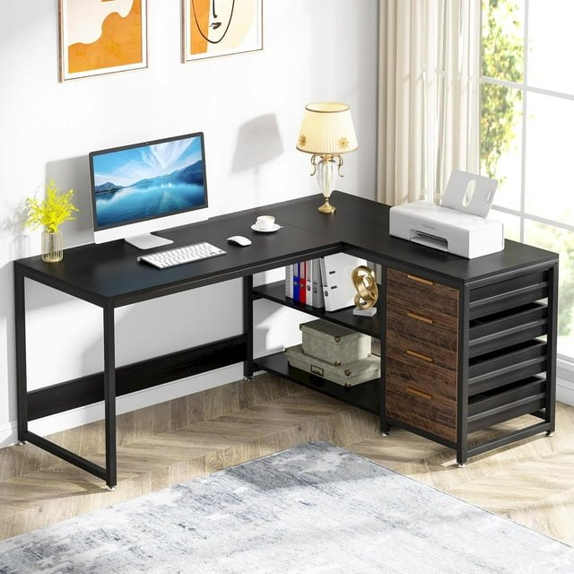 Tribesigns 59" L Shaped Computer Desk with Drawers, Wood Writing Table for Home Office, Black