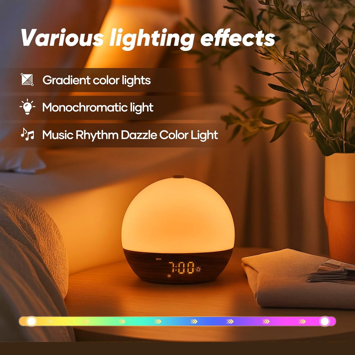 Clock Fabric Dimmable Night Light for Heavy Sleepers, Sunrise Wake Up Light, White Noise Machine for Baby, Dual Alarm Function 30 Sleep Sounds, with 17 Light Effects