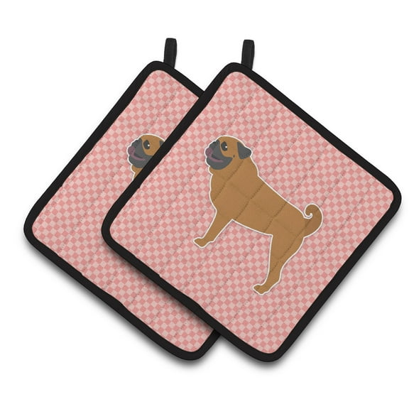 Carolines Treasures BB3647PTHD Pug Checkerboard Pink Pair of Pot Holders , 7.5HX7.5W, multicolor