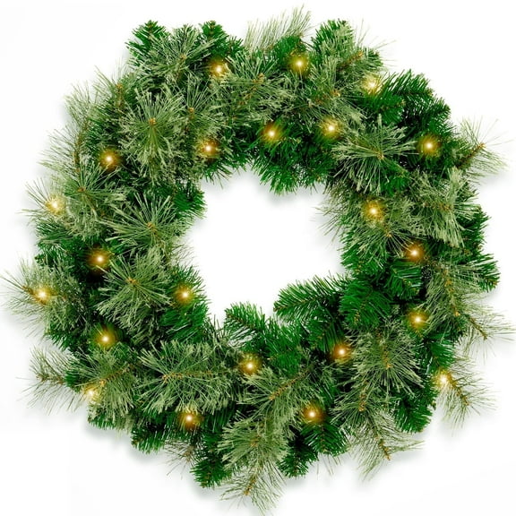 24 Inch Pre Lit Artificial Christmas Wreath With 40 LED Warm Yellow Lights And 140 PVC Tree Branch Tips With Timing Function, Green