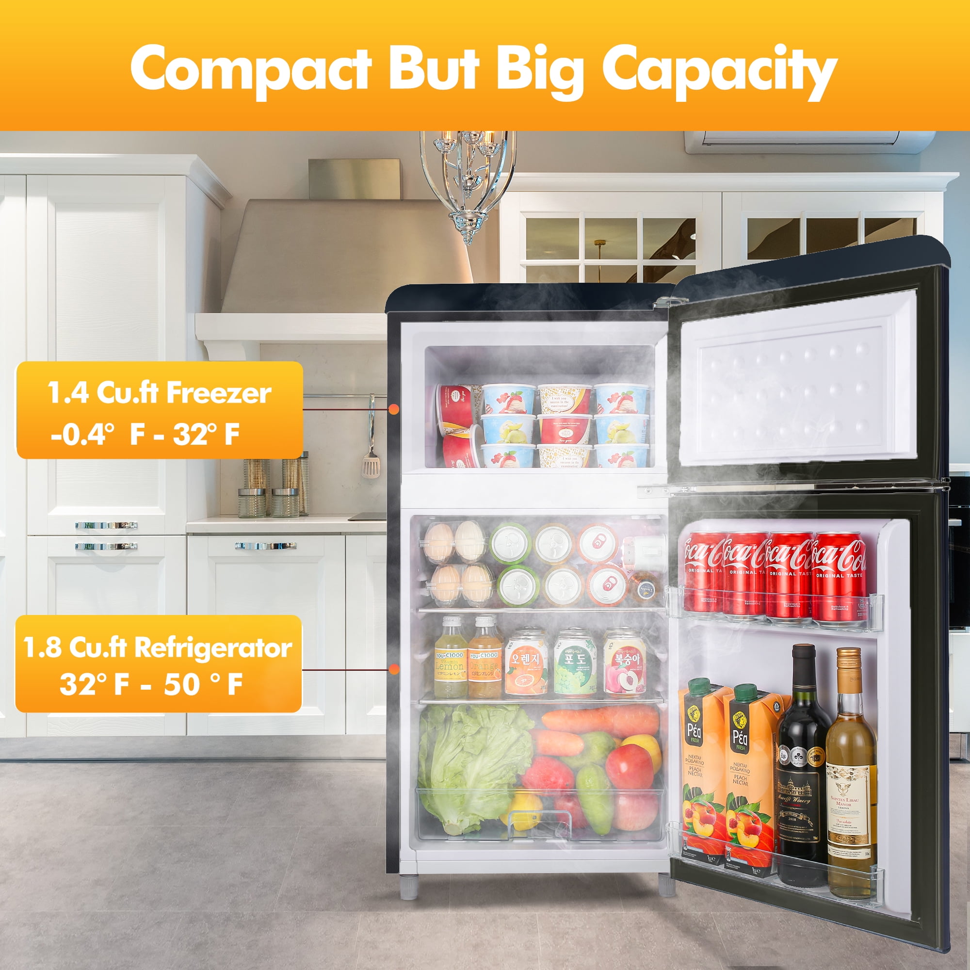 WANAI 3.5 cu ft Two-Door Mini Refrigerator with Freezer,Black–Ideal for Dorm, Apartment,Warehouse,Room;Easy Access to Drinks & Snacks