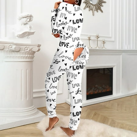 

S LUKKC LUKKC Valentine s Day Jumpsuit for Women Plus Size Long Sleeve Bodysuit V Neck Button-down Onesies Pajamas Functional Back Flap Adults Underwear Rompers Outfits Winter Clothes on Clearance