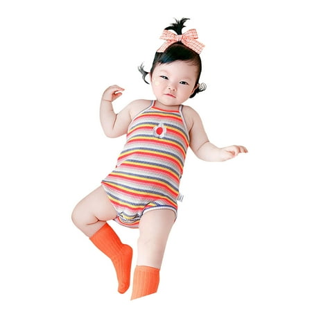 

MELDVDIB Baby Romper Infant Baby Girls Sleeveless Rainbow Striped Print Suspender Romper Bodysuit Gift on Clearance