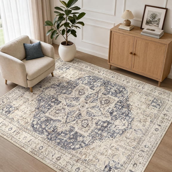 Sxpopstore Tortania Area Rug with 5x7 Living Room Rug Washable Soft Cream/Blue