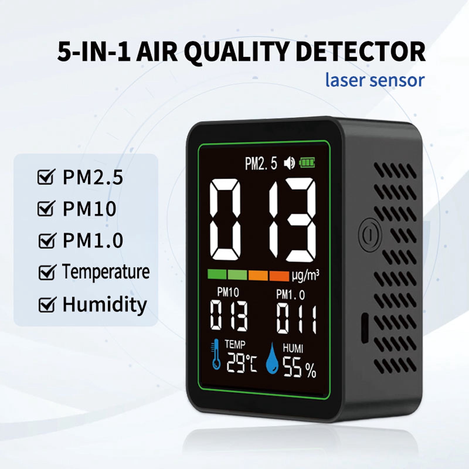 5-in-1 Indoor Air Quality Monitor with Laser Sensor - Accurate Real-Time Tracking for PM1.0 PM2.5 PM10, Temperature & Humidity, LCD Color Screen, USB-C Portable
