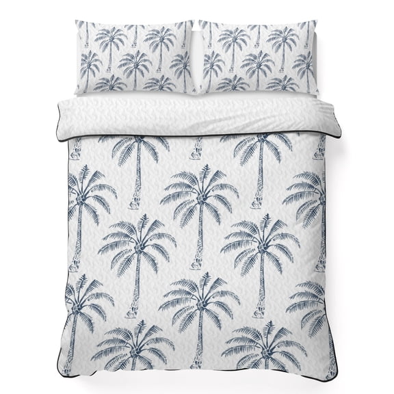 Quilts Queen Size Bedding Set, Purple Palm Tree Lightweight Quilted Comforter, Tropical Summer Botanical Forest Modern Soft Reversible Bedspread Coverlet with Pillow Covers for All Season, 90" x 96"